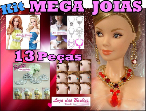 Kit 13 Joias Para Boneca Barbie Brincos Colar Coroa Pulseira