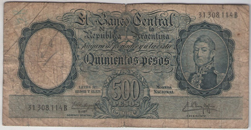 Billete Argentina $500 B.1960  Colo 517a F-