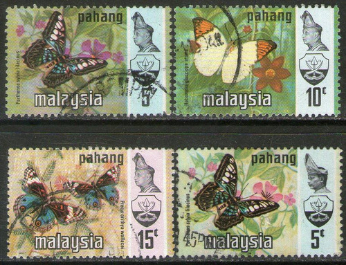 Malasia Estado Pahang 4 Sellos Mariposas = Sultán Años 1971+