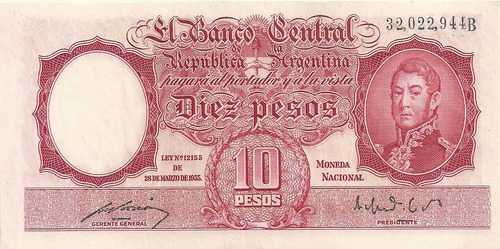 Billete 10 Pesos Moneda Nacional Año 1951 Bottero 1941 Ex+