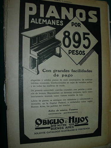 Publicidad Antigua Clipping Pianos Alemanes Obiglio Hnos.