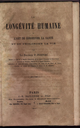 Longevite Humaine - Dr. Foissac - 1873
