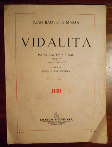 Partitura Canto Y Piano Vidalita De Massa Etcheverry 1949