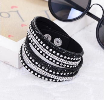 Pulseira Bracelete Tipo Couro Cristais Slake Brilho Strass