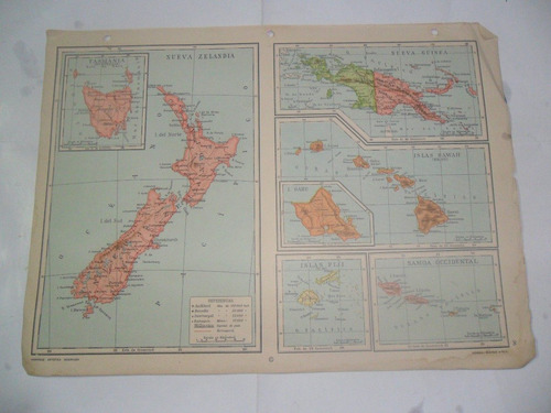 Tasmania Fiji Nueva Zelandia Hawaii Plano Mapa Lamina 1969