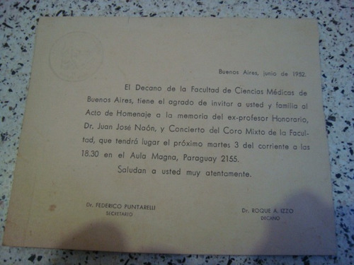 Tarjeta Facultas Ciencias Médicas Puntarelli Izzo Coro 1952