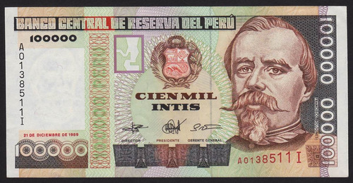 Billete Peru 100000 Intis , 1989 , Serie Ai
