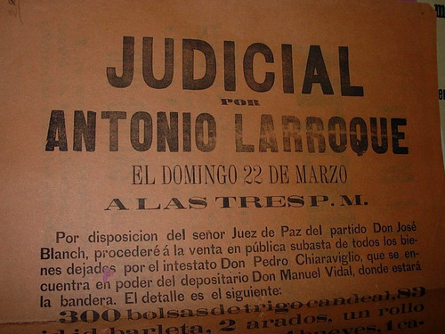 Antiguo Cartel Remate Judicial Bragado Larroque Pichincheros