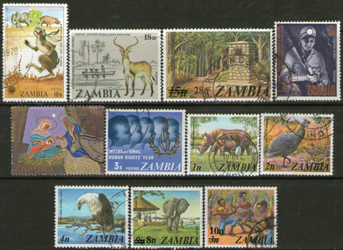 Zambia 11 Sellos Águila = Elefante = Gallineta Años 1968-79 