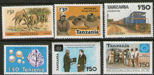 Tanzania 6 Sellos Tren, Jirafa, Ostra, Cerámica Años 1980-87