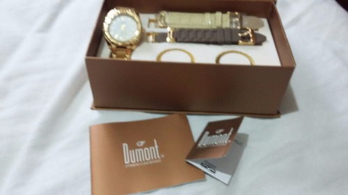 Relogio Dumont Feminino Dourado Com 3 Pulseiras-frete Barat