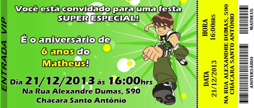 50 Convites - Convite Infantil Ingresso Ben10 Aniversário
