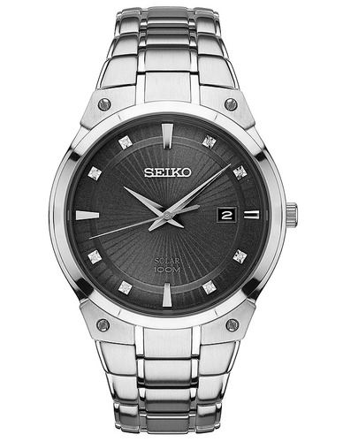 Hombres Seiko Solar 8 Diamante Vestido Reloj Negro Dial