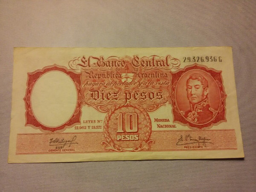 Bottero N 1971b. Billete De 10 Pesos Moneda Nacional. Fil 3d