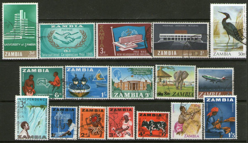 Zambia 17 Sellos Usados Elefante = Cebú = Ave Años 1964-87