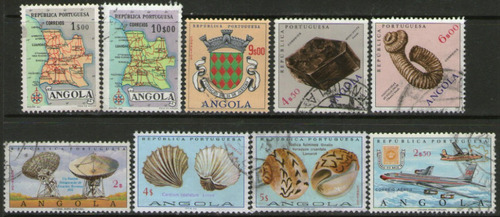 Angola 9 Sellos Usados Crustáceos - Fósil Años 1954-74