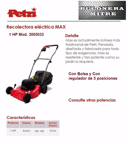 Recolectora Cortadora De Césped Petri Max 1 Hp 2 En 1 C/reg