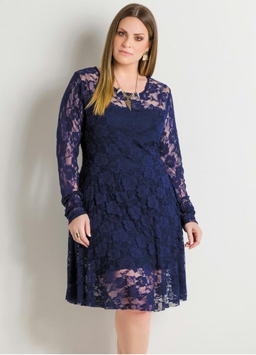 Vestido Plus Size Em Renda Manga Longa Com Forrog,gg,xxg,xLG