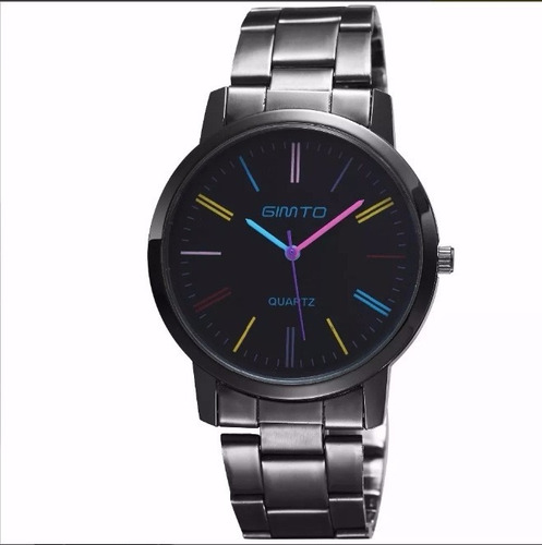 Relógio Feminino Aço Metal Cromado Preto Colorido M Gimto