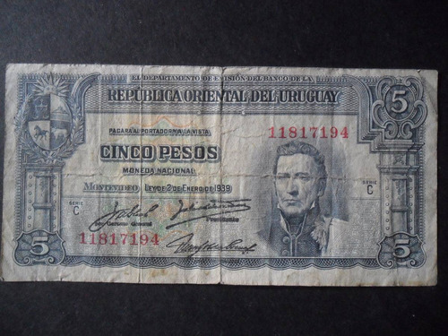 Billete De 5 Pesos Republica Oriental Del Uruguay Año 1939./