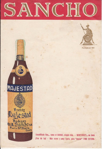 Antigua Publidad De Brandy Majestad España Bodega Sancho