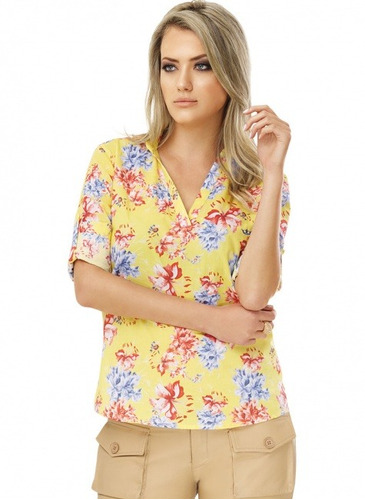 Blusa  Estampada Floral Amarela Principessa Emanuelle