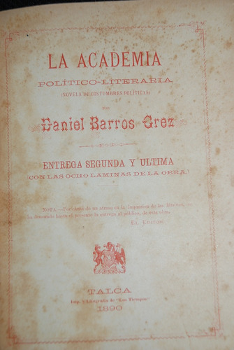 Barros Grez Academia Politico Literaria Novela Talca 1890