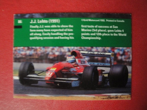 Figuritas Grid Formula 1 Año 1992 Lehto Nº86