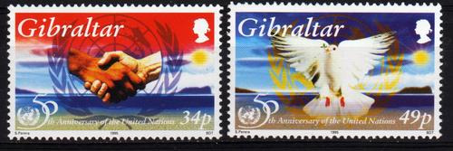 2 Estampillas De Gibraltar 50 Aniversario Naciones Unidas