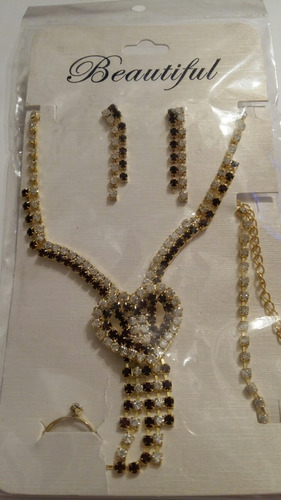 Lindo Conjunto Dourado Strass Colar Brinco Festa Luxo