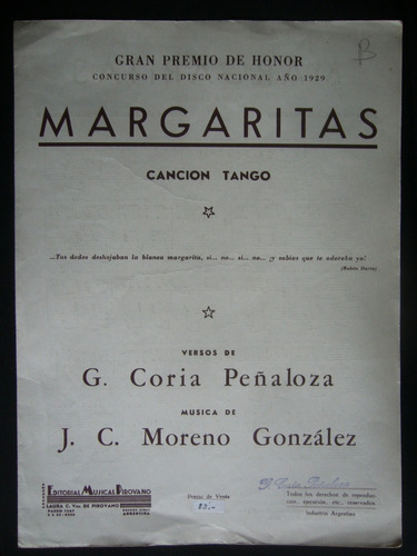 Partitura Margaritas Tango Coria Peñaloza - Moreno González