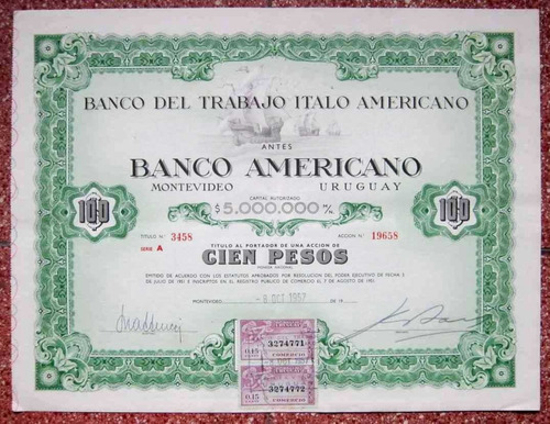 Antigua Accionl Banco Del Trabajo Italo Americano Excelente.
