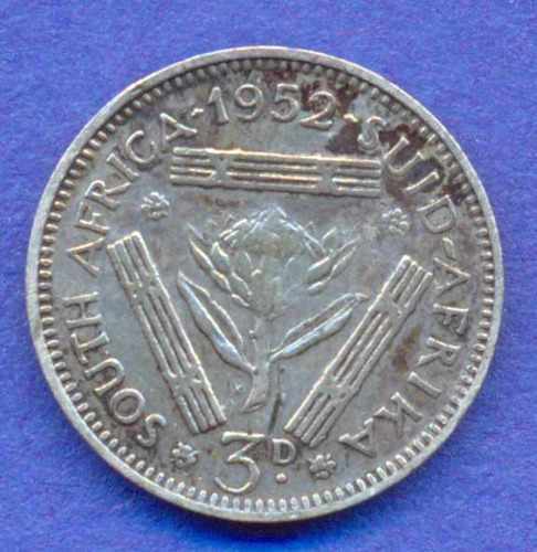 Sudafrica 3 Pence 1952 Plata * Colonia Inglesa * Rara *