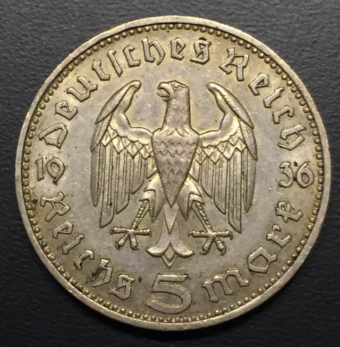 Ale387 Moneda Alemania 3er Reic 5 Mark 1936 J Xf+ Plata Ayff