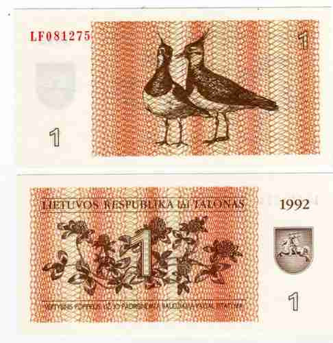 Billete Lituania 1 Talonas Pajaros Año 1992 Sin Circular