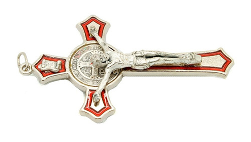 Imagem 3 de 3 de Crucifixo São Bento Prateado - Vermelho