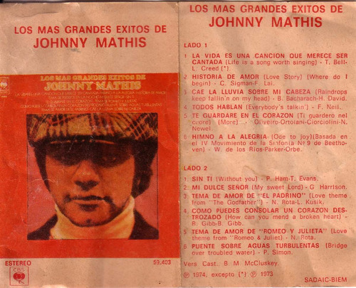 Johnny Mathis Grandes Exitos Argentina Cassette Pvl