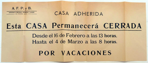 Cerrado Por Vacaciones Cartel Ferreterias Bazares 1949 (c)