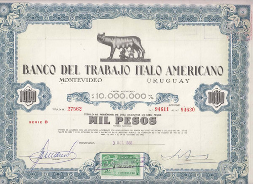 1959 Banco Trabajo Italo Americano Titulo Al Portador 1000