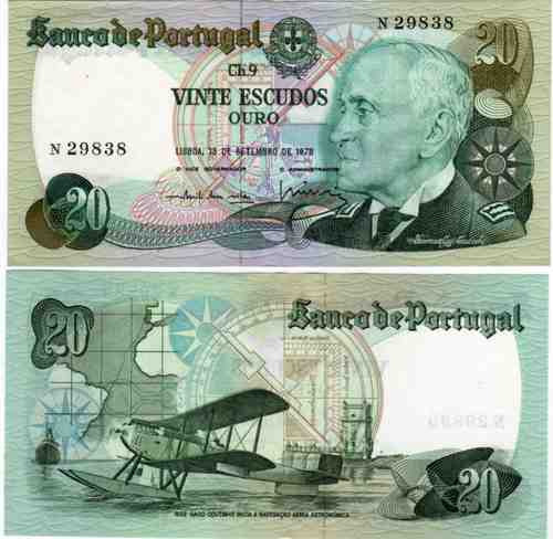 Billete Portugal 20 Escudos Año 1978 Con Avion Sin Circular