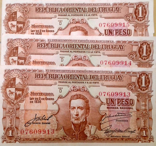 Lote De 3 Billetes Nuevos  Correlativos Rou 1 Pesos Año 1939