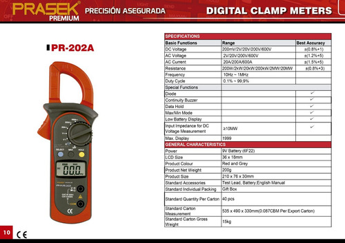 Pinza Amperimetrica Pr-202a Prasek Nuevo