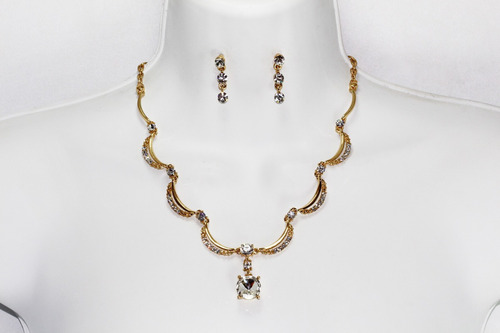 Collar Aretes Dije Dorado Cristal Dama Elegante Moda Ce19