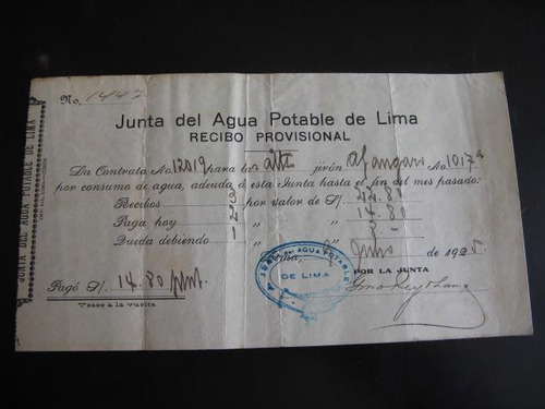 Mercurio Peruano: Antiguo Impreso Boleta Recibo 1925 L92