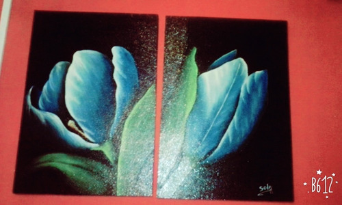 Cuadro Flores Azules Pintado A Mano