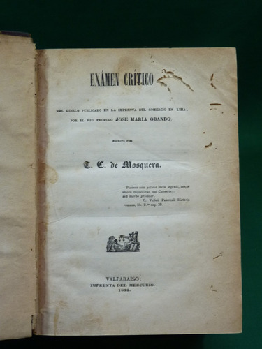 Mosquera, T.c.de. Examen Crítico Del Libro Publicado...1843