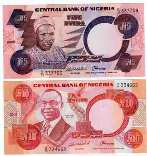 2 Billetes De Nigeria De 5 Y 10 Naira Año 2005 Sin Circular