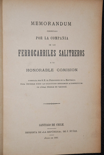 Ferrocarriles Salitreros Memorandum 1883 Tarapaca Plano