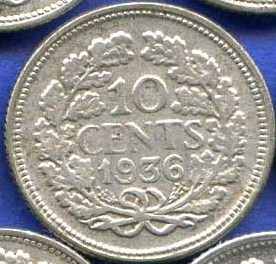 Imagen 1 de 2 de Holanda 10 Cents 1936 Plata * Wilhelmina I *