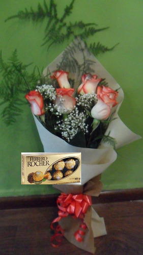 Ramo De 6 Rosas Matizadas Bombon Ferrero Rocher Envio Gratis